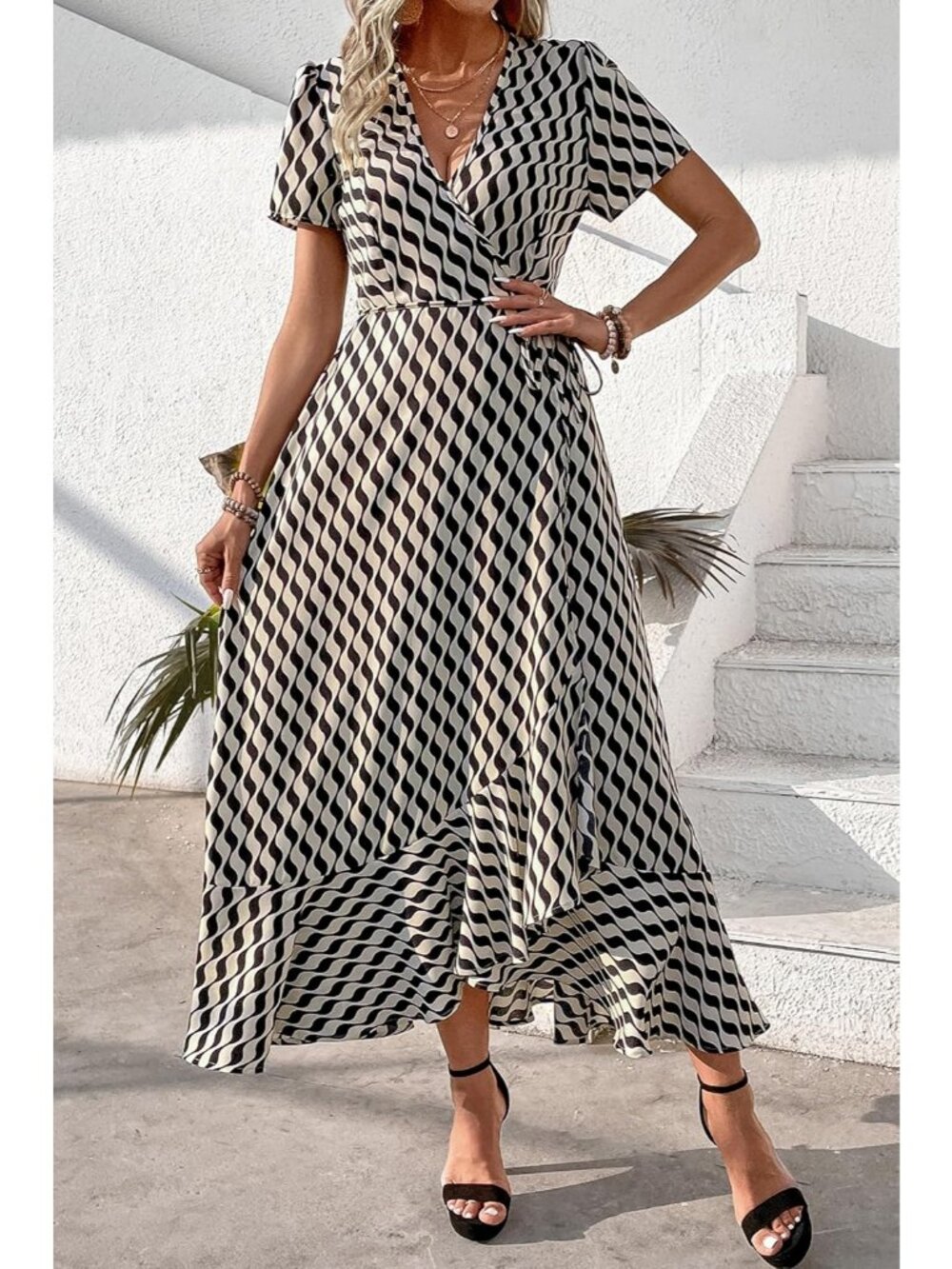 Women's White Wave V Neck Casual Short Sleeve Outfit Pull On Zipper Maxi Dresses - Picture 4 of 6